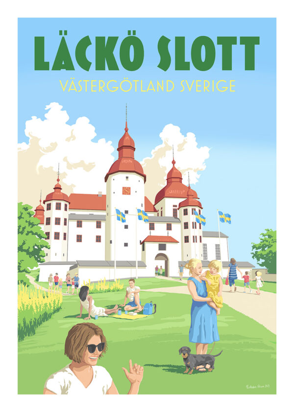 Grafisk poster på läckö slott i västergötland med slottsparken i förgrunden